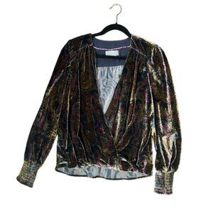 ANTHROPOLOGIE Paisley Velvet Balloon Sleeve Wrap top Blouse Shirt Size M…